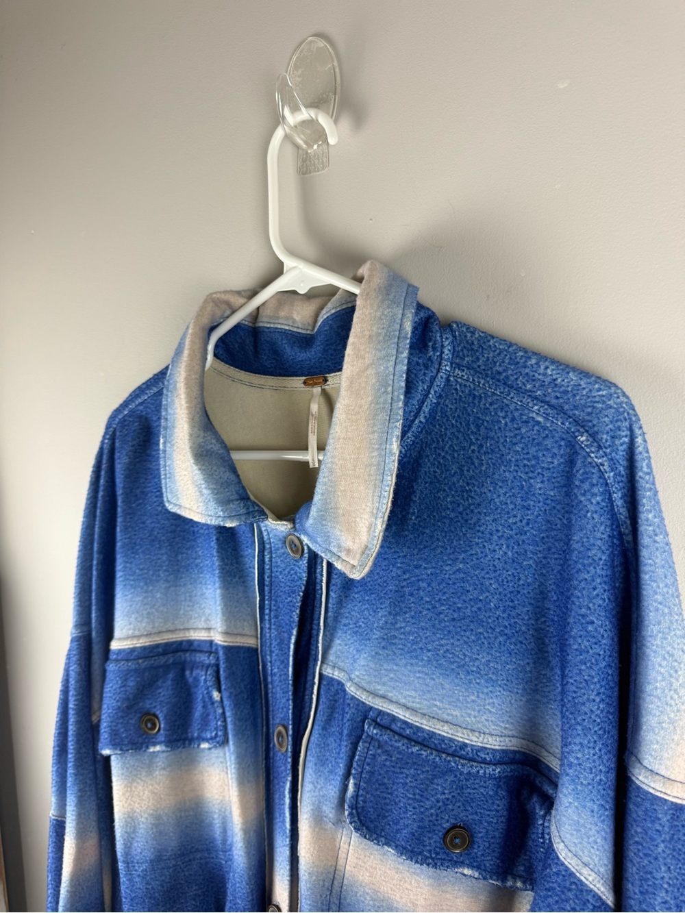 Free People Ruby Jacket Women’s SZ L Deep Sea Blue White Ombré Elbow Patches